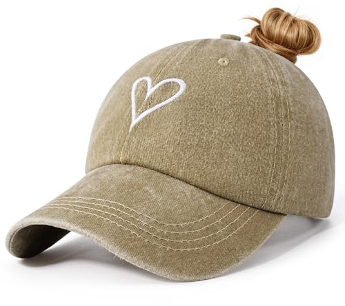 Voqeen Damkeps med Fläta Hål Sommarkäppa Justerbar Basecap Bomull Vintage Baseballkeps med Broderi Andningsbar Cappy Utomhus Skärmmössa, A-kaki, one size