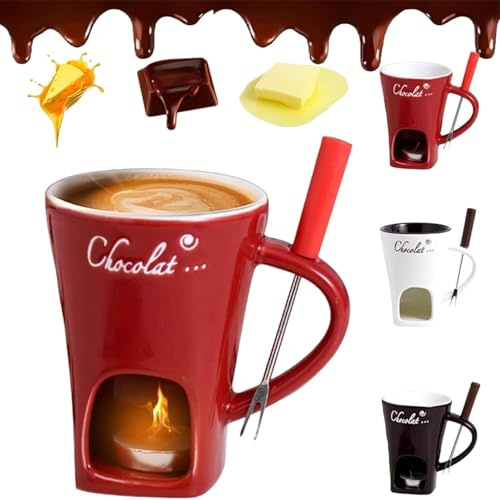 Schokofondue Tasse, 2026 Neu Fondue Tasse mit Gabel Schmelztopf für Weihnachtsplätzchen, Mehrzweck Chocolate Fondue Set für Käse, Schokolade, Butter und Karamell (rot)
