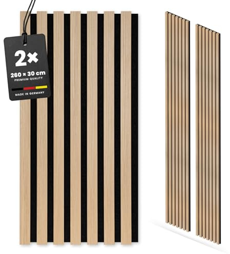 KGM Akustikpaneele ExPress Eiche Natur MDF - 30 x 1,7 x 260 cm, 2er Set | 3D-Wandverkleidung mit Filz, foliert, schallabsorbierend, 1,56 m² Deckung, für Wohn- & Büroräume, PEFC-zertifiziert
