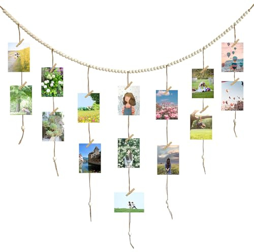 Fotoseil mit Holzklammern,DIY Kreative Fotoaufhängung,DIY Bilderrahmen Wanddekoration,145cm Holzperlen Fotoleine mit Holzklammern,Fotovorhang zum Aufhängen mit 30 Clip