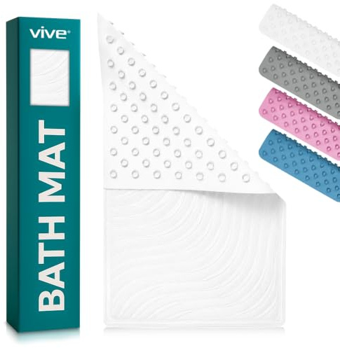 Vive Bath Mat, Non Slip - Shower Safety, Anti Non-Slip, Long, Extra Large Tub Matting - White, Rectangle Floor Grip - Suction Cup Traction for Kids, Baby, Elderly, Men, Women - Patented