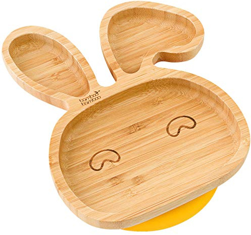 bamboo bamboo Baby Teller Kinderteller, Kindergeschirr mit Saugnapf, Sugnapf Teller Baby ab 6 Monaten (Hase, Gelb)