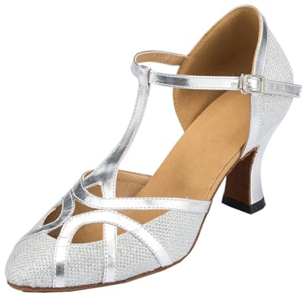 MGM-Joymod Damdansskor med T-remmar, stängt tåparti, glitter, syntetisk, kväll, bröllop, tango, balsal, modern, latinamerikansk, Silver 7 cm klack, 38 EU