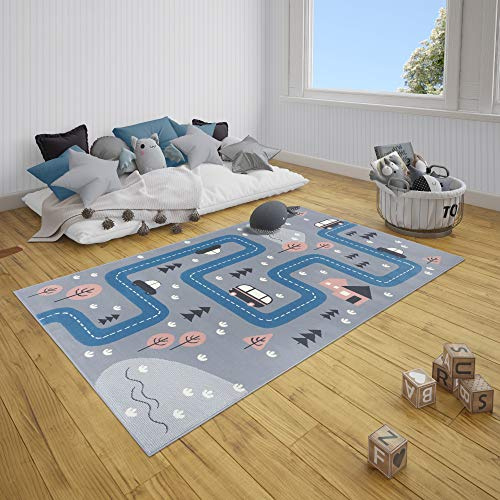 Hanse Home Teppich Kinderzimmer Kinderteppich Dream Street – Junge Mädchen Spielteppich Kurzflor Teppich Modern Spielstraße Straßenmotiv, Weicher Flor, Pflegeleicht - Grau Blau, 80x150cm