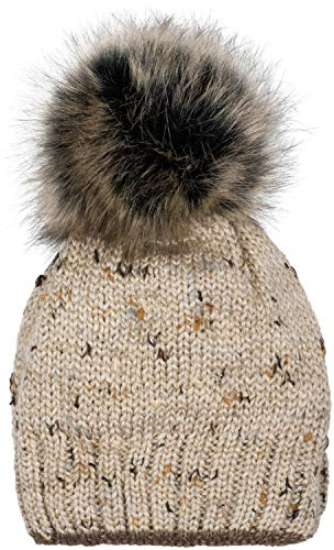 styleBREAKER Damen Strick Bommelmütze Bunt Glitzerfaden | Isolierendes Thermo-Fleece-Futter, 12 cm Fake-Fur-Pompon (abnehmbar), 21 cm Bund, elastisch für 40-60 cm Kopfumfang.
