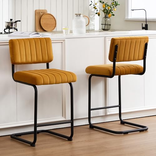ONEVOG 24 Inch Counter Bar Stools Set of 2, Mid-Century Modern Counter Height Cantilever Bar Chairs for Kitchen Island, Upholstered Velvet Fabric Barstools with Back and Matte Black Metal Legs, Orange