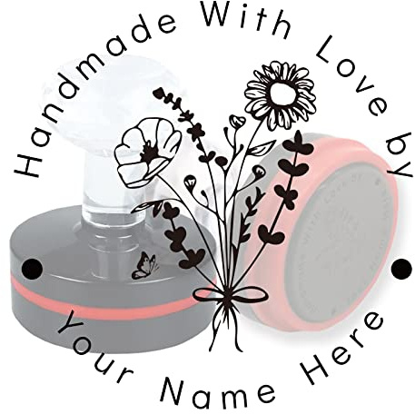 PLIGREAT Eigener Stempel Rund, Handgemachter Geschenkanhänger Personalisierter Name Stempel, Blumen Design Selbstfärbender Stempel Zum Schreiben von Einladungen, 5 Tintenfarbenoptionen