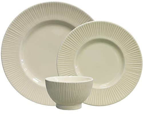12PC Riscada Earthenware Dinner Set: 4 Dinner Plates, 4 Side Plates & 4 Bowls - Dishwasher & Microwave Safe.