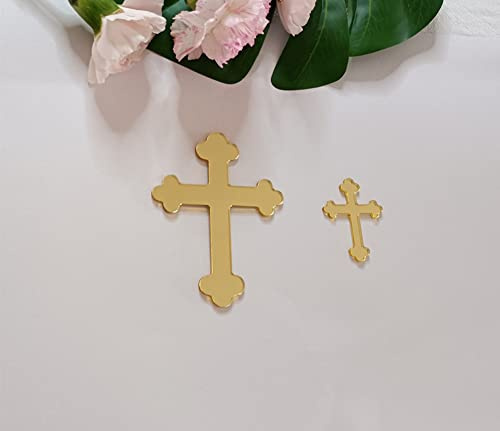 RUIXUAN 10 Stück Acryl Taufkreuz Kuchendekoration Spiegel Kreuz Kuchen Dekoration Gold Heilige Kommunion Kreuz (Gold Spiegel, 10,2 cm)