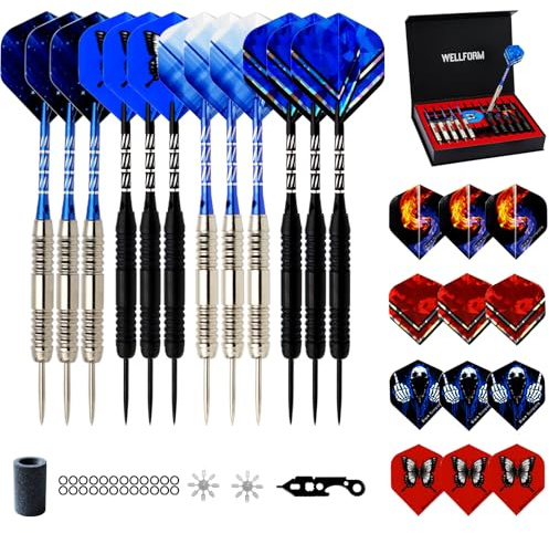 WELLFORM Darts Metal Tip Set,12 Pack 26 Grams Steel Tip Darts Set-Professional Metal Darts for Dartboard, with Non-Slip Iron Barrel, Aluminum Shafts, Extra Flights, Dart Sharpener & Wrench, Gift Box