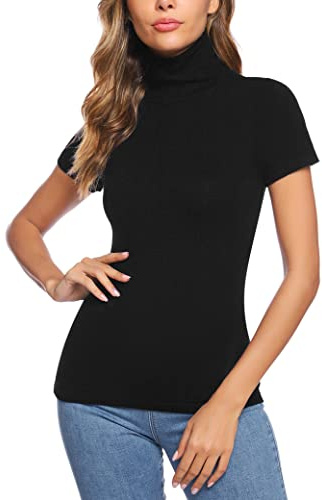 Totatuit Donna Dolcevita a Maniche Corte Maglione Lupetto Elegante Maglietta Collo Alto Slim Fit T Shirt Aderente di Base Pullover Top Tinta Unita Nero XL