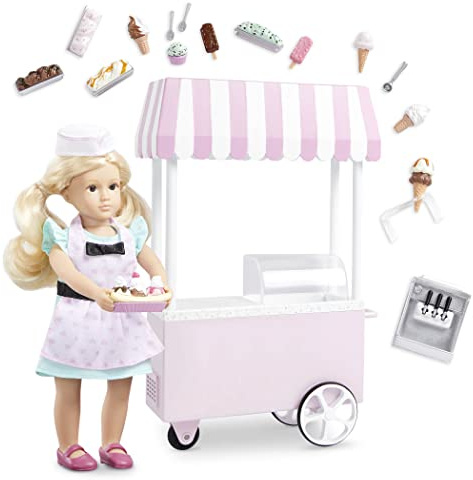 Lori Evelina's Eiscremewagen mit Mini-Puppe und EIS-Zubehör | 15 cm große Mini-Puppe mit Eiswagen, Softeismaschine, Waffeln, Eis am Stiel, Outfit und Zubehör, Eiscremewagen, 3+ Jahre