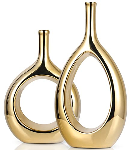 LCCCK 30 cm Hoch Vase Gold Satz Von 2, Modern Keramik Vasen Klein Tischdeko, Boho Rund Vasen Pampasgras Deko, Ikebana Vase für Wohnzimmer, Fensterbank, Esstisch und Home Deko Modernes