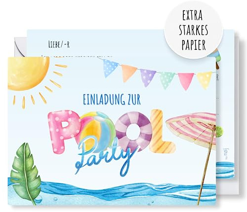 møij 12x Einladungskarten Kindergeburtstag Mädchen & Jungen Pool Party | inkl. Umschläge, DIN A6, stabiler Karton, leicht auszufüllen, ideal für Partyplanung