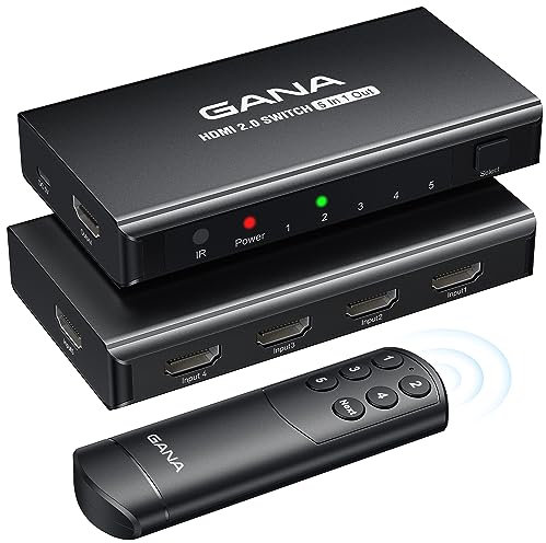 HDMI Switch 5 in 1 out 4K@60Hz, GANA HDMI Splitter Switcher with Remote, Aluminum 2.0 Switch Box Hub for 3D, HDCP2.2, HDR, Compatible with Xbox, PS5/4/3,Fire Stick,Roku,BLU-Ray Player, Black