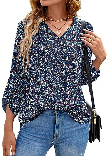 Yommay långärmade tröjor för kvinnor, blus, sommar, elegant, V-ringad, tunika, långtröja, topp, flytande, korta ärmar, chiffongtoppar, Blomma marinblå, L