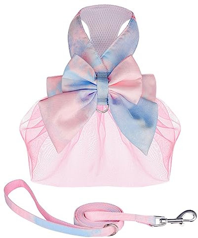 XINGNIAO Hundegeschirr Spitzenkleid Hundegeschirr und Leine Set mit Schleife Tie-Dye Rosa Welpengeschirr Kein Zug Weiches Mesh Haustier Hundeweste Geschirre für kleine Hunde