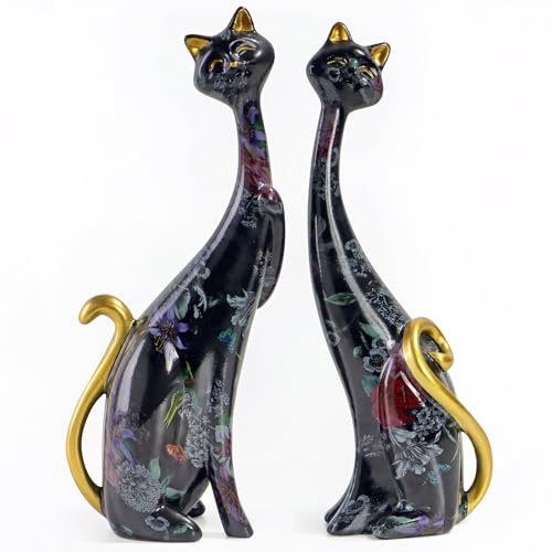 masteymoh Zwei Ölgemälde Kunst Harz Verliebte Katzen Skulpturen, Statue Katzen für Home Office Bücherregal Desktop Dekoration 28 cm hoch, Skulpturen Katzen (Floral in Ink and Wash Black)