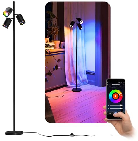 linovum TAVIRA Stehleuchte 3-flammig schwarz 150cm Smart GU10 WLAN RGBW | Stehleuchte 150cm - drei drehbare Köpfe, per App & Alexa steuerbar, RGB-Farblicht, mit Fußtaster, ohne Hub, inkl. GU10 LED