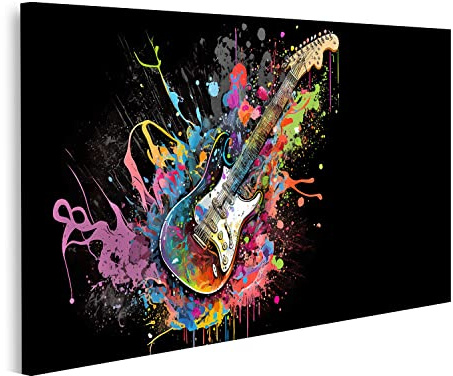 islandburner Prime Bild auf Leinwand Elektrische Gitarre Bunte Farbspritzer Schwarzer Hintergrund Hard Rock Bilder Wandbilder Poster