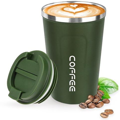 ERBO Coffee Cup Travel Mug, Insulated Coffee Cup with Leakproof Lid, Travel Mugs for Hot and Cold Drinks, Reusable Stainless Steel Coffee Mug, Double Walled Thermal Mug 380ml (Green)