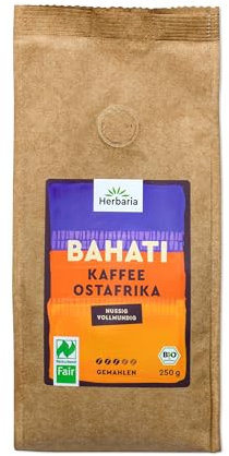 Herbaria BAHATI Bio Kaffee gemahlen 250g – Naturland Fair zertifiziert aus Ostafrika – feinste Kaffee-Aromen nach gerösteten Nüssen & Schokolade – ideal für Filterkaffee und French Press
