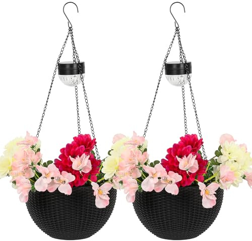 Taylor & Brown Rattan Effect Solar Powered Hanging Basket with SMD LED Lights Plastic Flower Planter Outdoor Garden Landscape Plant Pot Spot Light With Chain (2)