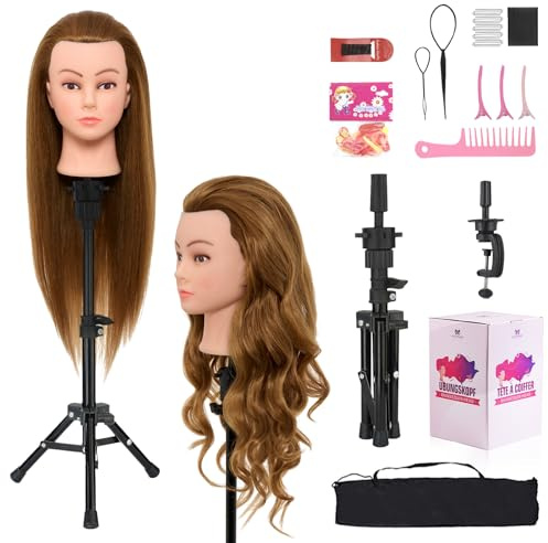 Neverland 26-28 Hairdressing Head with Tripod, 60% Real Hair, Golden | Ideal for practicing cutting, braiding & styling. Includes adjustable tripod stand, table clamp & styling accessory kit.