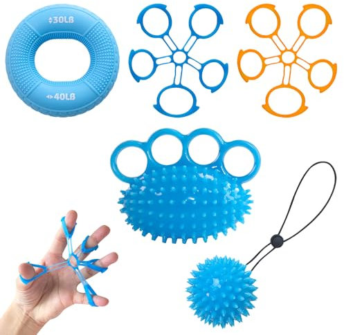 Abiemuce 5 PCS Fingertrainer Handtrainer inlk. igelball Massage Balls mit Vierfinger-Ringschnalle, 30/40LB Handgriffverstärker, Igelball Klein mit Handschlaufe und 2 Finger Extensor für Lindert Stress