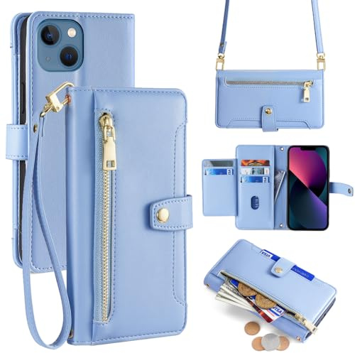 ERDARARIPRO Hülle für Apple iPhone 15 Pro Max mit Trageband, Flip Wallet Handyhülle mit Ständer und Magnetischem Reißverschluss [6 Kartenfächer+1 Bargeldfach] Folio aus Luxuriösem Veganem Leder Blau