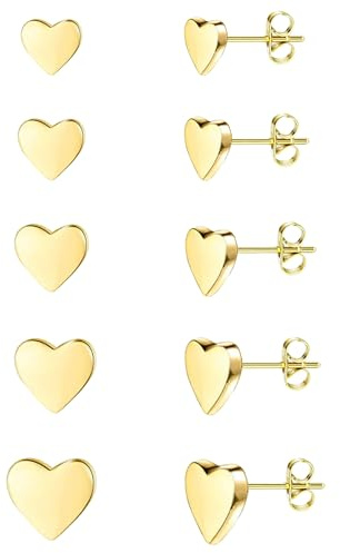 JINEAR 5 Pairs heart Stud Earrings for Women, 14K Gold Plated Earrings Set Samll Flat Back Stud Earrings Dainty Earrings Jewelry for Gift