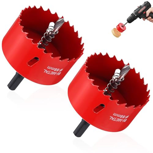 2 Pcs Bi-Metal Hole Saw 68mm, HSS Deep Hole Saw Cutter with Arbor & Drill Bits for Punching Circular Holes on Wood Plasterboards Plastic Fiberglass Acrylic Panel or Ceiling Light Installation