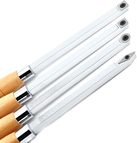 Full Size Carbide Tip Woodturning Chisels Tool Set with Aluminum Alloy Handle and 4pcs Carbide Inserts for Wood Lathe Roughing Finishing Detailing and Swan Neck Hollowing (Wood Handle)