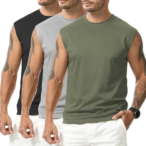 Suwangi 3 Piezas Camiseta Deportiva Sin Mangas Hombre Chalecos sin Mangas | Secado Rápido,Transpirable,Entrenamiento,Gimnasio,Correr,Músculo,Fitness,Culturismo