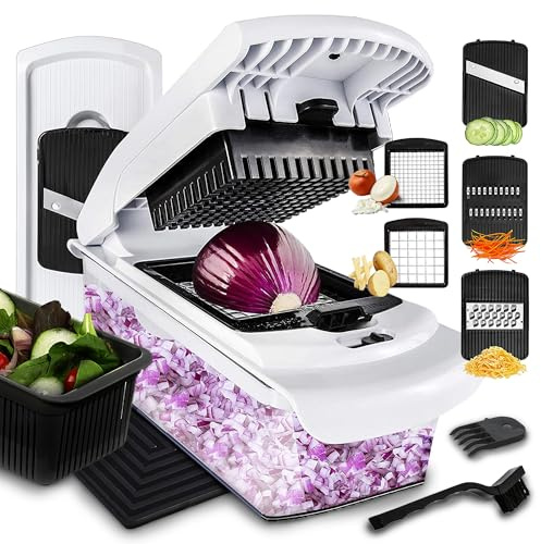 Lekro Coupe-légumes avec plat à four en verre - Mandoline Coupe-légumes multifonction - Coupe-légumes - Coupe-oignon - Tapis antidérapant - Verre & RSV - 12 pièces