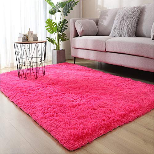 Weicher Shaggy Teppich Rose Rot für Wohnzimmer Schlafzimmer Kinderzimmer - Rutschfester Hochflor Bettvorleger (60 x 160 cm)