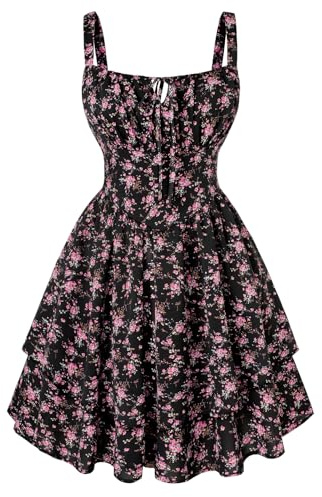 SCARLET DARKNESS Robe d'été florale pour femme avec bretelles spaghetti - Mini robe victorienne à volants pour la plage, Motif floral noir et rose., XL