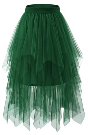 Bridesmay tyllkjolar för kvinnor trendig elastisk midja asymmetrisk tutu hemkomst halloween A-linje kjol, Armégrön-stil1, L