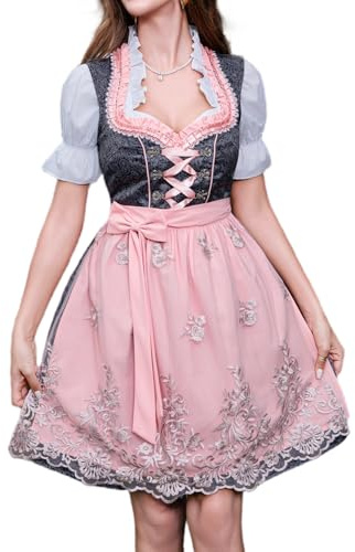 Abaowedding Dirndl Damen 3 Teilig Midi Trachtenkleid Trachtenmode Trachtenrock Dirndlkleid inkl. Spitzendirndlschürze Bluse und Schwarz-rosa Dirndl(L)