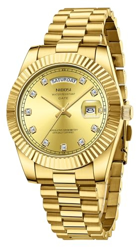 NIBOSI Herrklocka armbandsur män analog kvartsur rostfritt stål klockor för män vattentät affärsliv klassisk klocka med dag och datumvisning, 2627-guld