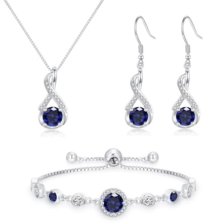 Cangall Women’s Jewellery Sets, 925 Sterling Silver 3PCS Fashion Necklace Bracelet and Earrings Set with Sapphire Cubic Zircon, Infinity Prom Silver Jewellery Set for Women Girls Bridal Wedding