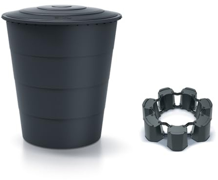 Kreher® Barril de lluvia XXL 'Smooth' 510L con tapa y base (opcional). De plástico en antracita/gris. Aspecto discreto en formato redondo, atemporal y moderno. (antracita, con tapa y monobloque)
