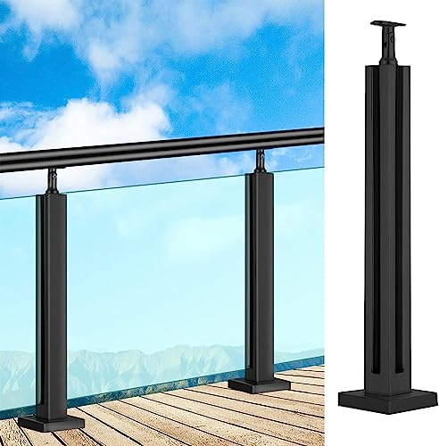 Sistema di ringhiera per balcone in vetro nero, in acciaio inox, con pali quadrati per uso esterno, altezza 105 cm, balaustra in vetro per terrazze sicura ed elegante