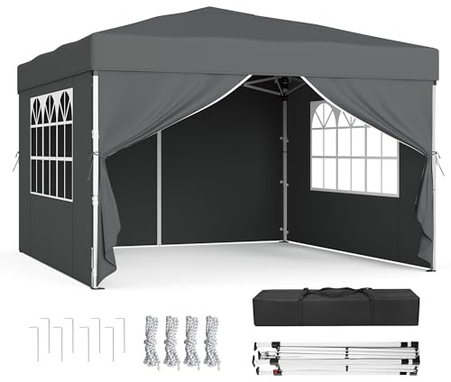 SONGMICS Tonnelle, Chapiteau Pliable, Protection Solaire, Résistante aux Petites Pluies, Portable, avec Parois Latérales, pour Cour, Jardin, Marché, 3 x 3 m, Gris Foncé GCT104GZ01