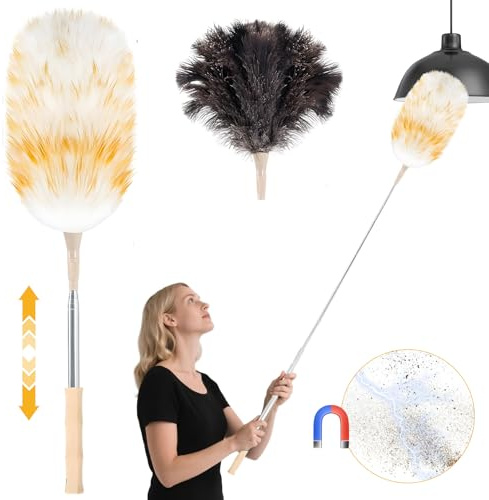 DYDHRER Staubwedel, Hochwertiger Lammwolle Staubwedel Teleskop Waschbar, Ausziehbar bis ca. 140 cm-Elektrostatische Staubaufnahme für Decken & Empfindliche Oberflächen, Mit Haken, Rissbürste(4 PCS)