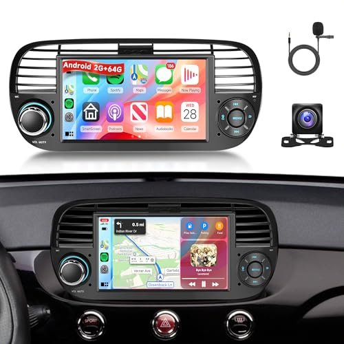 2G 64G Android Car Radio for Fiat 500 2007-2015 Rimoody 7'' Touch Screen Car Stereo with Wireless CarPlay Android Auto/GPS/Bluetooth/FM RDS/EQ/Wi-Fi/Mirror Link/AHD Backup Camera