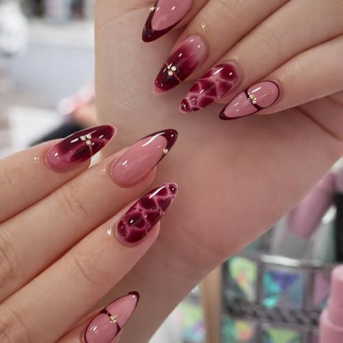 Burgundy French Tip Press On Nails with 3D Floral Sequins & Ruby Foil - 24PCS Short Almond Acrylic Fake Nails for Women, Handmade Stick On Kit Glossy Finish Artificial Full Cover False