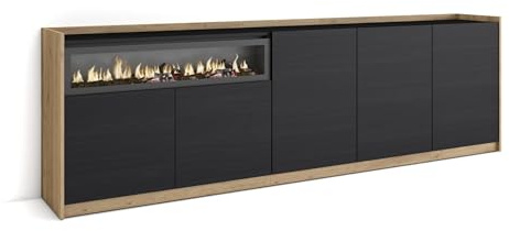 Skraut Home | Sideboard, Highboard | Kommode, Komodenschrank | 260x80x37 cm | 5 Türen | Elektrokamin. | Moderner Stil | Schwarz Eiche