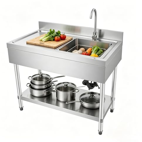 awolsrgiop Edelstahl Spültisch 100x60cm, 1 Becken Küchenspüle, Spülenschrank mit Spüle und Armatur, Freistehende Edelstahl Spüle mit Arbeitsplatte, für Outdoor, Innen, Küche, Restaurant