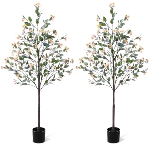 Daifunli 2 Pcs 5ft Artificial Eucalyptus Tree with Flowers Tall Faux Eucalyptus Stems Realistic Fake Bougainvillea Plants for Spring Porch Home Office Indoor Outdoor Decor (Orange)